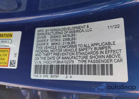 2022 Honda Accord Sport from USA, damaged, VIN 1HGCV1F38NA102378